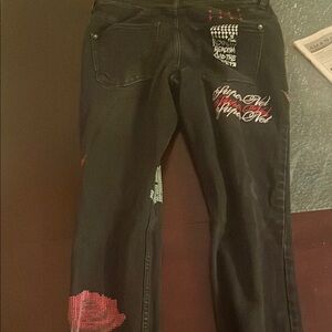 Black Graphic Jeans with Red and White Accents
